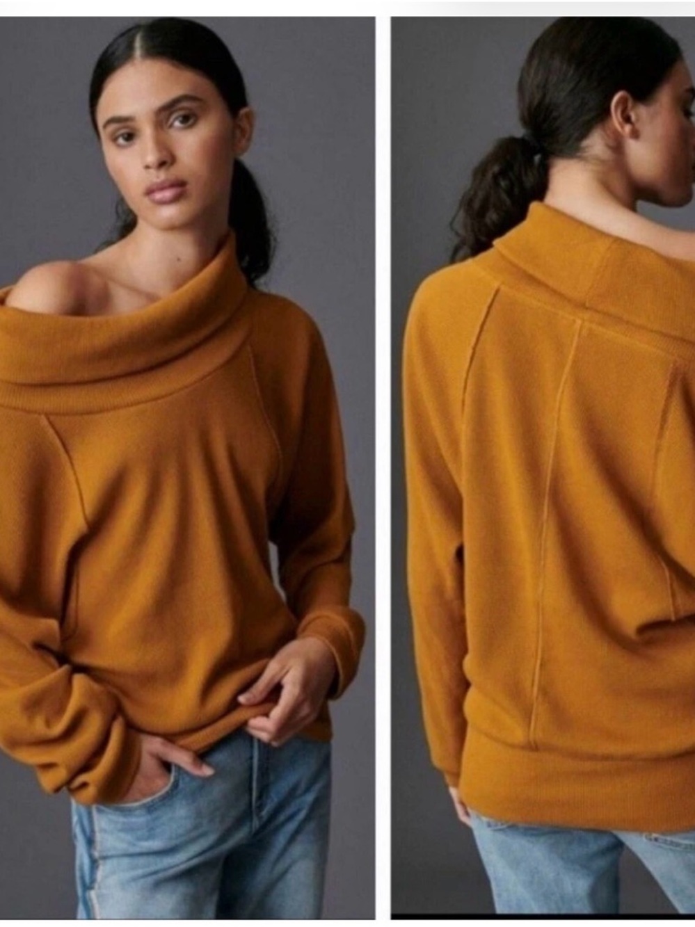 Anthropology XS Pilcro Angie mock neck cotton waffle knit yellow-brown tunic